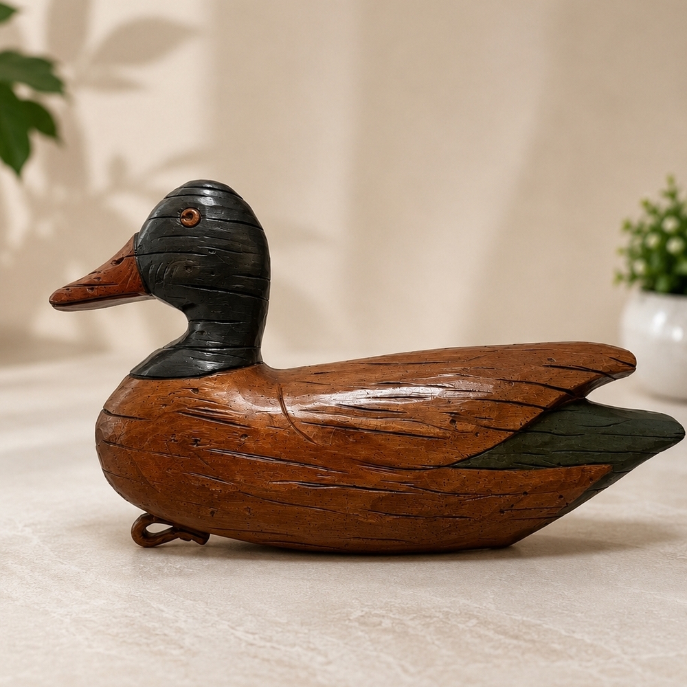 Hand-Carved Wooden Duck Decoy - Brown & Dark Green